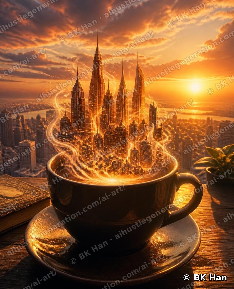A coffee cup whose rising steam and rim turn into a city skyline at sunrise