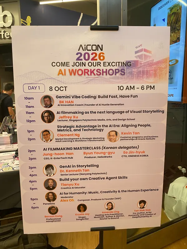 AICON 2026 Day 1 AI workshops schedule board at *SCAPE, 8 Oct 2026, listing Gemini Vibe Coding: Build Fast, Have Fun by BK Han at 10 to 11 AM
