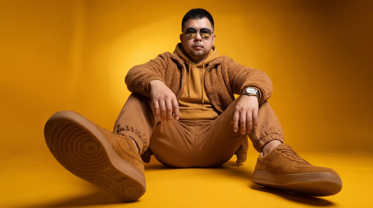 Coach BK Han, founder of AI Hustle Generation, seated in sunglasses and sneakers on a mustard-yellow studio backdrop