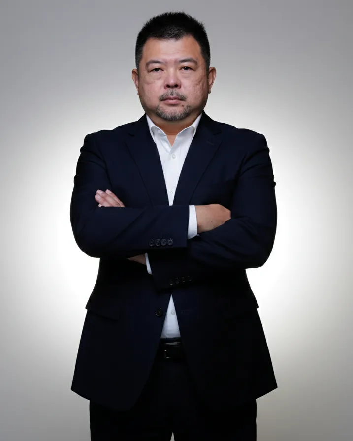 Coach BK Han, AI Innovation Coach in Singapore, standing in a navy suit with arms crossed