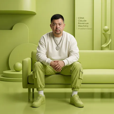 Coach BK Han seated on a lime-green sofa for the CRM: Claude Revenue Machine masterclass
