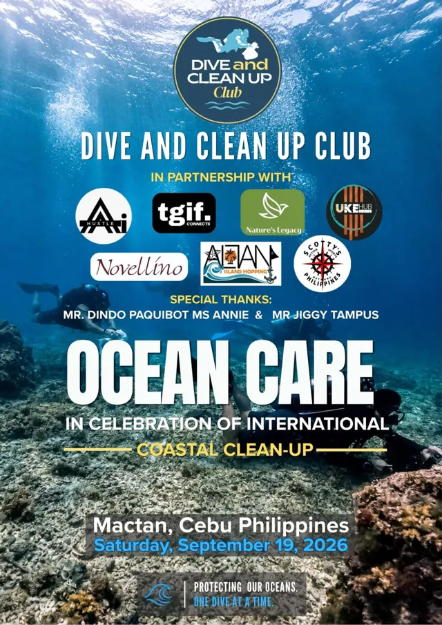 Dive and Clean Up Club Ocean Care poster for the International Coastal Clean-Up in Mactan, Cebu, Philippines, Saturday 19 September 2026, with AI Hustle among the partners
