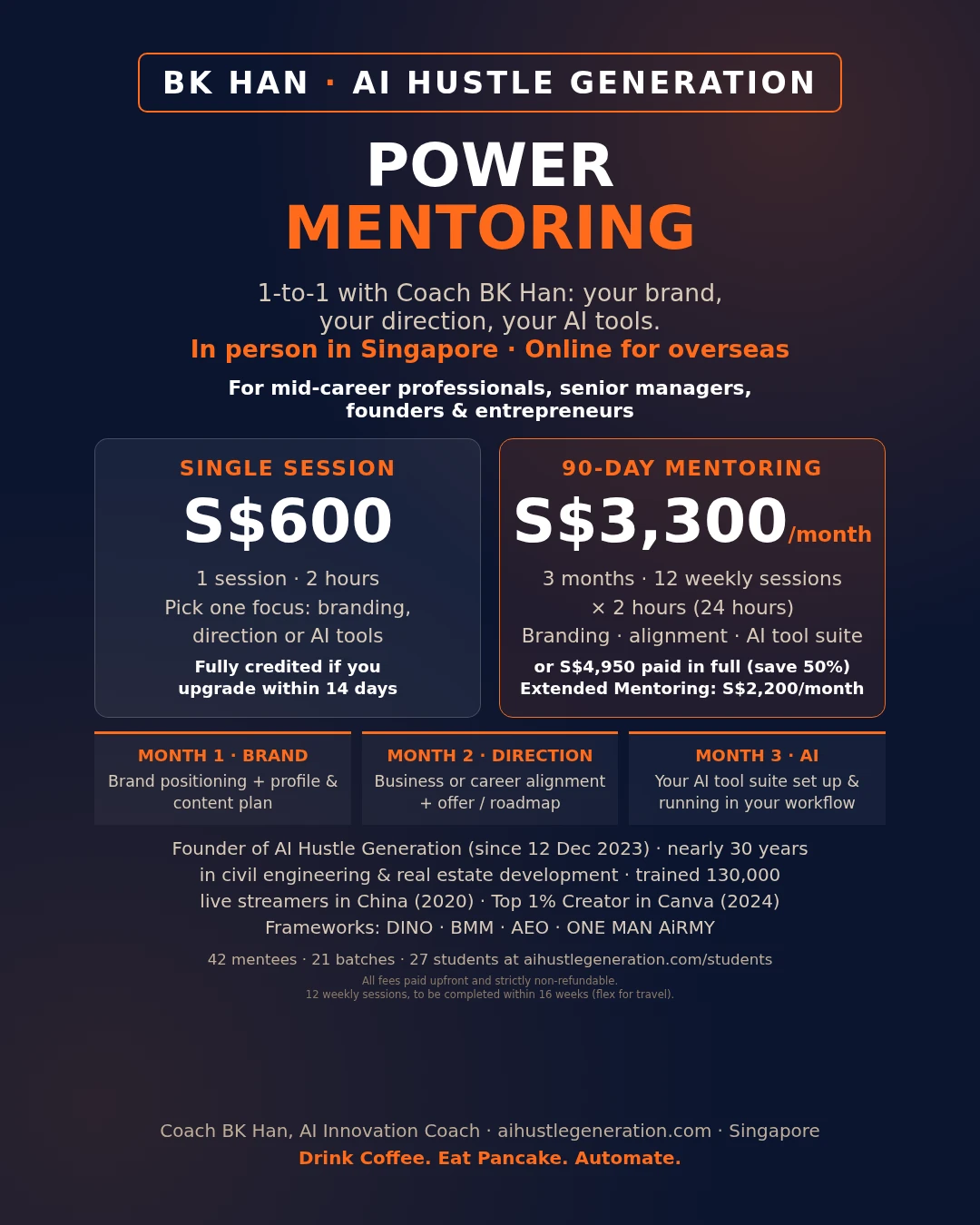 Power Mentoring by Coach BK Han flyer with Single Session and 90-Day Mentoring prices